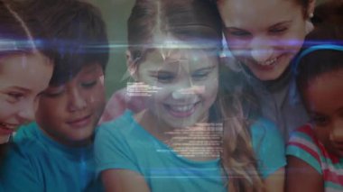 children leaning on device activating educational interface, globe with nodes, teacher guiding. Interactive, innovation, learning, collaboration, technology, digital, future