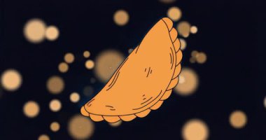 Upon floating orange pastry rotating clockwise to reveal side as golden bokeh pulses for branding. Pastry, abstract, cosmic, luminous, motion, dessert, minimalistic