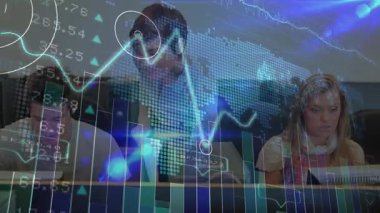 Manager entering room and pointing at spike guiding analysts aligning AR finance chart trends. Collaboration, technology, business, innovation, data, visualization, teamwork