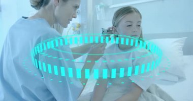 Nurse tapping otoscope and performing holographic ear scan assessing child patient ear health. Medical, healthcare, futuristic, technology, pediatric, diagnosis, clinical