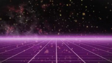 Animation of glowing green fireworks over black background. Technology background with texture and design.