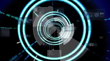 Animation of hud processing with light beams, network connecting dots on interface. Digital composite, artificial intelligence, communication, cloud computing, technology, futuristic, connection.