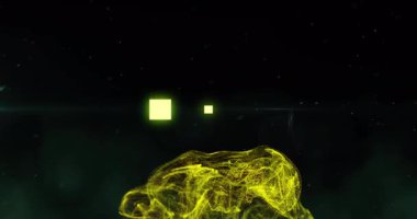 Upon green squares appearing, yellow cloud rising, morphing beneath cubes, reinforcing hue match. Abstract, digital, futuristic, technology, innovation, cosmic, luminous