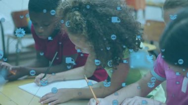 Center girl leaning forward sketching circle with classmates and learning icons drifting over desk. Education, teamwork, creativity, collaboration, learning, childhood, classroom