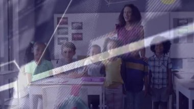 Upon start, teacher guiding students with code scrolling and graph rising illustrating edtech. Educational, classroom, digital, data, learning, analysis, future