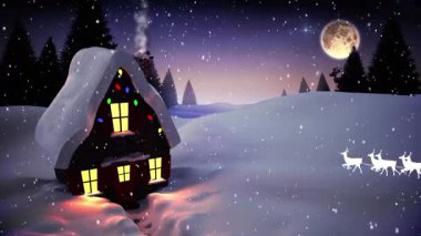 Noel Baba 'nın kızak içindeki animasyonu kış manzarasında evin üzerinde ren geyikleriyle birlikte. Noel, şenlik, kutlama ve gelenek konsepti dijital olarak oluşturuldu.