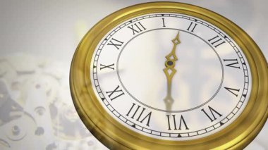 Animation of clock with roman numerals moving over clock mechanism. Time passing by, clocks, mechanic and watchmaking concept digitally generated video.