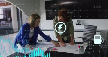 Architects unrolling plans initiating energy icons overlay examining design for energy analysis. Professional, collaboration, digital, innovation, modern, strategic, analytical