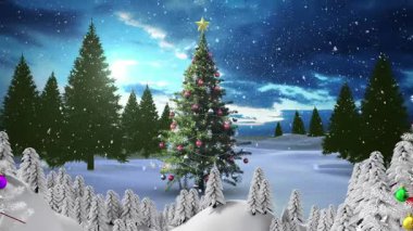 Kış manzarası boyunca yılbaşı ağacı animasyonu. Noel, gelenek ve kutlama konsepti dijital üretilmiş video.