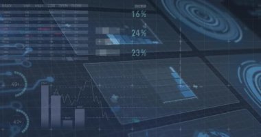 Belirsiz ızgara paneli görünen göstergeler verileri değiştiriyor turta çizelgelerini değiştiriyor UI için dönen harita gölgesi. Gelecek, veri, analiz, arayüz, görselleştirme, teknoloji, gösterge paneli