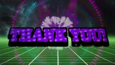 Teşekkürün animasyonu ve ışıklarla dijital alanda patlama. Video oyunları, iletişim ve teknoloji konsepti dijital olarak oluşturuldu.