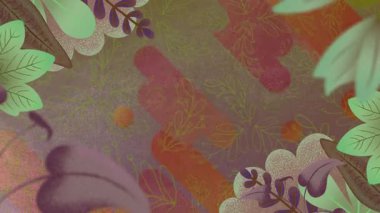 Çiçeklerin animasyonu bir yaprak, soyut renkli şablonun üzerindeki şekiller. Dijital kompozit, illüstrasyon, tatil ve mevsimlik, yaratıcılık, doğa ve tazelik konsepti, 3D.