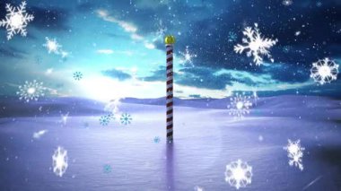 Kar yağarken kuzey kutbunun animasyonu. Noel, kutlama ve dijital arayüz kavramı dijital olarak oluşturulmuş video.