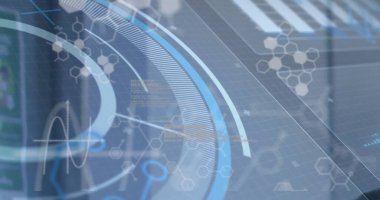 Arayüz, altıgen şebekeler, ilerleme eğrileri, dalga biçimi ve veri blokları ile ofiste üst üste biniyor. Futuristik, teknoloji, dijital, ağ, veri görselleştirme, modern, soyut