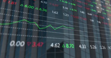 Yeşil eğilim çizgisi ve sayısal verilerle cam cephesinde hisse senedi değişimlerini gösteren grafik görüntüleme. Finans, teknoloji, gökdelen, veri görselleştirme, kurumsal, analitik, yenilik