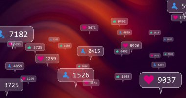 Takipçiyi, kalbi ve başparmağı dönen geçmişi gösteren yüzen uyarı baloncukları. Dijital, canlı, modern, teknoloji, arayüz, dinamik, bağlılık