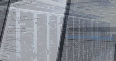 Sunucu rafları, yanıp sönen LED 'ler ile şifrelenmiş veri merkezi koridorlarını gösteriyor. Teknoloji, siber güvenlik, dijital altyapı, ağ güvenliği, endüstriyel tasarım, fütürist, veri depolama