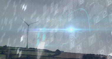 Yükselen rüzgar türbini çitlere tepeden bakan, veri örtüleriyle çevrili alanlar, kopyalama alanı. Sürdürülebilir, yenilenebilir, manzara, teknoloji, tarım, bilgi, fütüristik