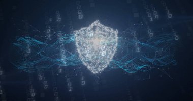 Sanal sanal siber uzayda süzülen parlak dijital kalkan, siber ağ ve ikili haneli. Siber uzay, siber güvenlik, veri koruması, dijital altyapı, ağ güvenliği, geleceksel, teknolojik