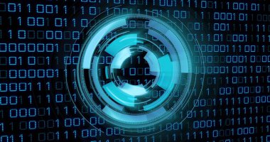 Sanal HUD görüntüleniyor. Simüle bilgisayar ızgara arayüzünde parlayan ikili kod akışları gösteriliyor. Fütürist, dijital, holografik, sürükleyici, siber, neon, arayüz