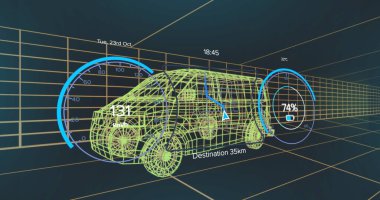 Izgara tünelinde hareket eden yeşil kablo karavanı görülüyor. Hız, şarj ve güzergah göstergeleri görünüyor. Gelecek, teknoloji, arayüz, sanal, navigasyon, dijital, otomasyon