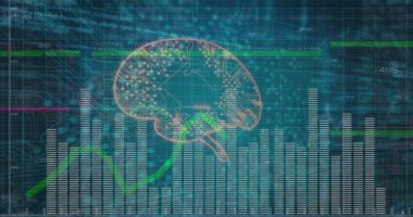 Beyin devresi şeması, parmaklıklar, yeşil çizgi, kod örtüleri, sayısal okumalar gösteriliyor. Yapay zeka, veri görselleştirme, sinirsel ağ, dijital arayüz, analitik, teknoloji, makine öğrenme