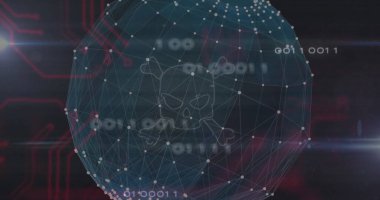 Siber uzayda ikili kodlu kafatası ve çapraz kemik simgesini gösteren yüzen ağ küresi. Teknoloji, siber güvenlik, dijital sanat, veri bilimi, ağ görselleştirme, fütüristik, teknoloji kötü amaçlı yazılım