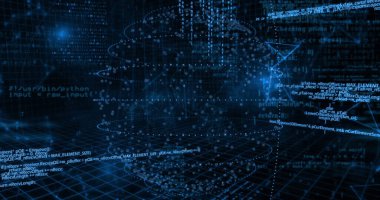 Parlak veri bulutu dijital uzayda şebeke zemininde kod parçacıkları ve veri akışlarıyla geziniyor. Siber uzay, veri görselleştirme, fütüristik, teknolojik, soyut, ağ, yenilik