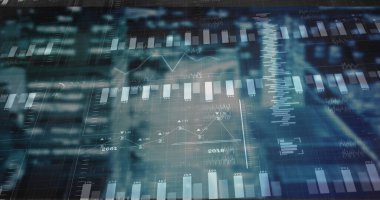 Ticari arayüzde sayısal etiketler, bar çizelgeleri ve trend çizgileriyle finansal gösterge paneli gösteriliyor. Veri görselleştirme, analitik, teknoloji, iş zekası, veri analizi, dijital arayüz, bilgi grafikleri