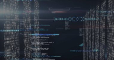 Saydam paneller siber uzayda ikili akımlarla birlikte alfanumerik kodları kaydırıyor. Fütürist, yüksek teknoloji, dijital, holografik, soyut, daldırıcı, siber uzay