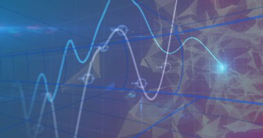 Dairesel düğümlerle ızgara boşluğunda kıvrılan dalgalı cyan ve beyaz veri eğilimi çizgileri gösteriliyor. Gelecek, teknoloji, dijital, içgörü, yenilik, soyut, veri