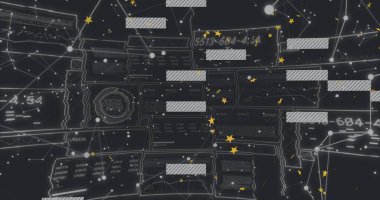 Sanal uzayda veri ağı diyagramı gösteriliyor, çizgili kod blokları ve yıldız simgeleri gösteriliyor. Fütürist, dijital, ağ, teknoloji, soyut, arayüz, veri