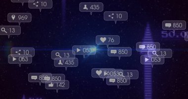 Sanal arayüzde süzülen, kalpleri olan ve okları paylaşan sosyal medya metrik simgeleri gösteriliyor. Soyut, dijital, geleceksel, veri, görselleştirme, teknoloji, ağ