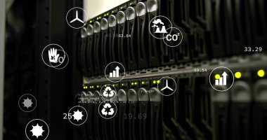 Showing server rack displaying yellow LEDs in datacenter with wind turbine and recycling CO icons. Technology, data center, digital infrastructure, energy efficiency, sustainability, cloud computing, industrial simulation