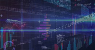 Karanlık ızgarada, çubuk grafikleri ve çizgi çizelgeleriyle merkezi veri arayüzü kaydırma kodları gösteriliyor. Teknoloji, dijital, fütüristik, analiz, görselleştirme, bilgi, analiz