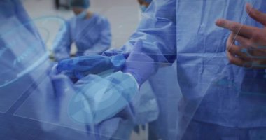 Ameliyat hemşiresi eldivenleri yırtıyor ve tıbbi dijital renklendirme için cerrahın eline rehberlik ediyor. Tıbbi, sağlık, cerrahi, işletme, profesyonellik, dijital, fütüristik