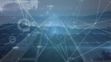 Güneş ağları ve bağlantılar ağı üzerinden bağlantı ağının animasyonu. Küresel ağ ve teknoloji kavramı.