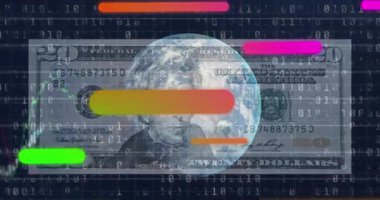 Renkli tüplerin animasyonu, ikili kodlar, alevler ve donanma uzayında hareket eden finansal veriler. Küresel finans ve ekonomik kriz kavramı dijital olarak üretilen video.