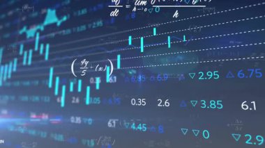 Mavi ızgara, yükselen ve inen çubukları başlatıyor, çizgi grafiği salınıyor, formüller veri akışı için zayıflıyor. Veri görselleştirme, analitik, finans, bilimsel, gösterge paneli, istatistiksel, dijital