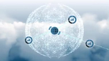 Birbirine bağlı simgelerin canlandırılması, yoğun bulutlar üzerinde küre ve soyut desenler oluşturan noktalar. Dijital bileşim, çoklu pozlama, küreselleşme, iletişim, doğa ve teknoloji kavramı.