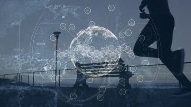 Dünya çapında, gezinti güvertesinde koşan Afro-Amerikan formundaki adama karşı yapılan taramaların animasyonu. Spor ve spor teknolojisi kavramı