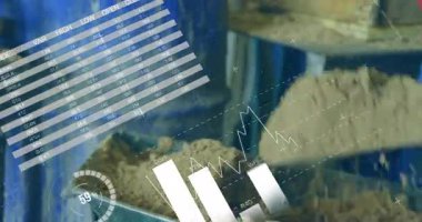 Animation of data processing on graphs and charts over industrial construction site. Global communication, business, data and digital interface concept digitally generated video.
