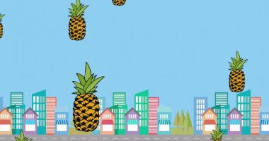 Siyah arka planda ananas simgeleriyle doğum günü partisi konsepti. Kırmızı balon mavi zemin üzerinde yüzüyor.