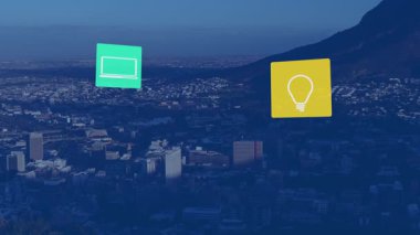 Animation of icons over cityscape. Global technology, computing and digital interface concept digitally generated video.