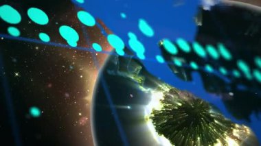 Dünya haritasında ve uzayda grafiklerin animasyonu. Dijital olarak oluşturulmuş küresel ağ, bağlantılar, veri işleme ve teknoloji konsepti.