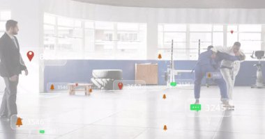 Animasyon sosyal medya simgeleri hasırdan yükseliyor judo sporcuları maç kazanmak için kalça atışı yapıyor. Martialarlar, rekabet, eğitim, hareket, fitness, dinamik, teknoloji