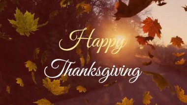 Mutlu Şükran Günü metinlerinin yapraklar ve sonbahar ağaçları üzerinde canlandırılması. Amerikan geleneği ve kutlaması, sonbahar ve sonbahar konsepti dijital olarak oluşturulmuş video.