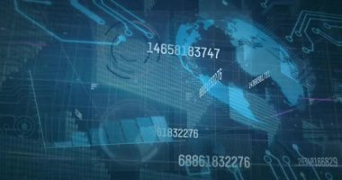 Finansal verilerin grafiklerle canlandırılması, dijital arayüzde küresel işleme. Dijital bileşik, yapay zeka, küresel iletişim, bulut hesaplama, geliştirme, teknoloji.