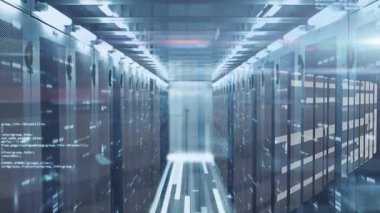 Animation of data processing on digital interface against server room. Digital composite, artificial intelligence, telecommunication, cloud computing, technology,