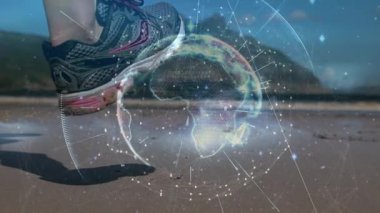 Dışarıda koşuşturan kadın ve erkek arasındaki bağlantı ağlarının dünyanın animasyonu. Sportif aktif yaşam tarzı bağlantıları teknoloji ve dijital arayüz konsepti dijital olarak oluşturuldu.